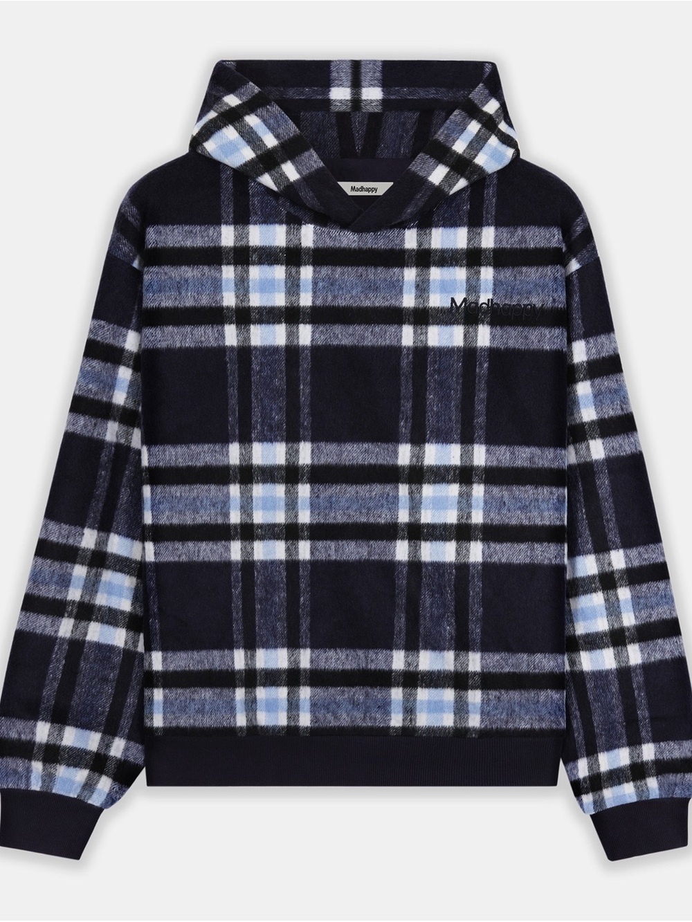 Madhappy Navy, Light Blue & White Plaid Fleece Hooded Pullover